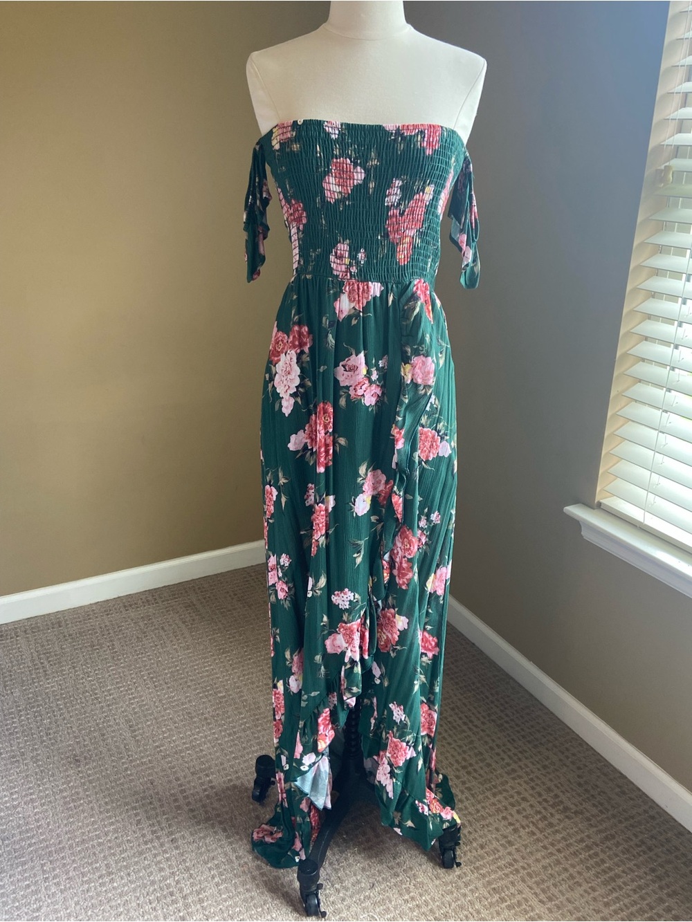 Peach Love Floral Off-Shoulder Maxi Small Prairie Smocked Cottage Boho Chic